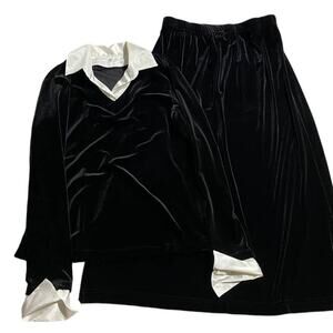 VTG Sag Harbor Matching Velour Set Collared Top Maxi Skirt Medium Petite Black